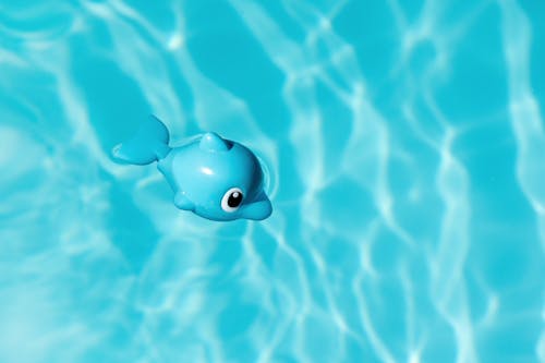 漂浮在水面上的藍色和白色玩具海豚