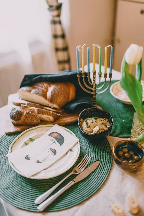 Free Hanukkah Meal on Dinner Table Stock Photo