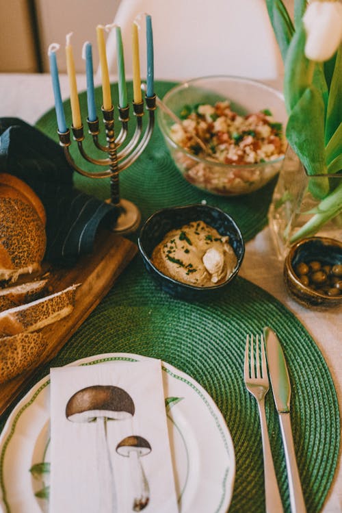 Free Hanukkah Meal on Table Stock Photo