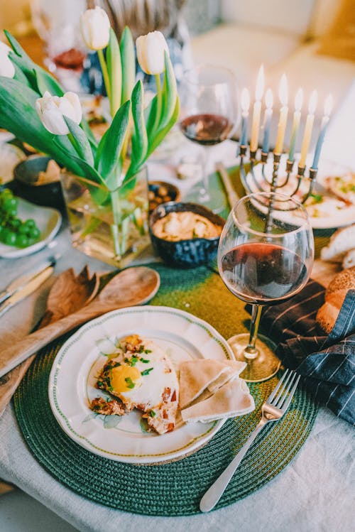 Free Hanukkah Meal on Table Stock Photo