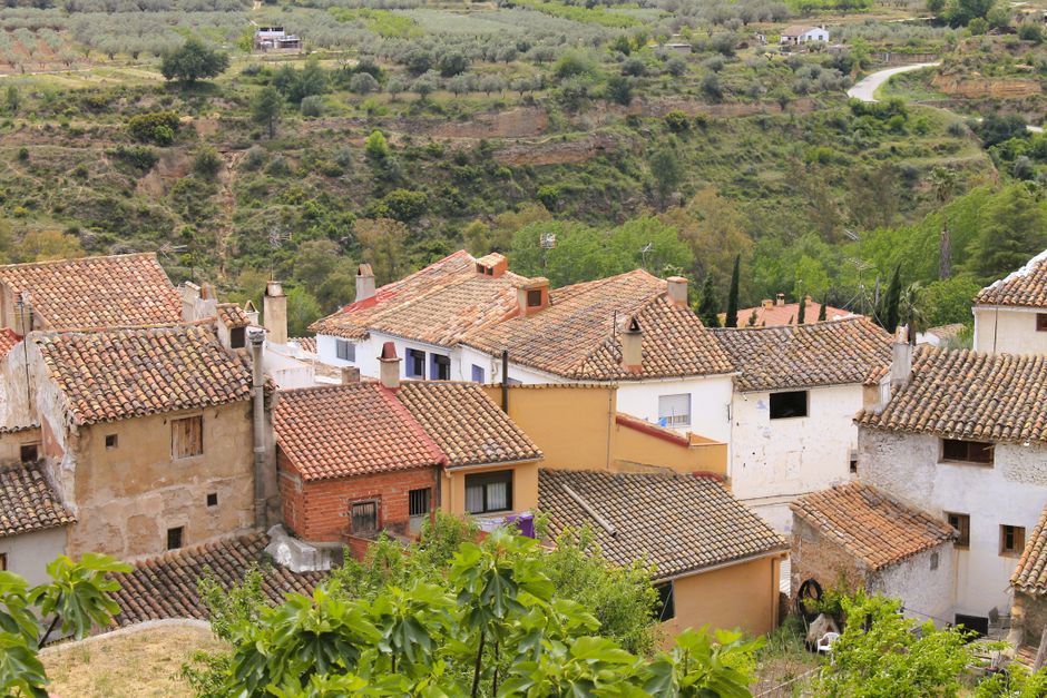 Vista panorámica de los tejados rústicos de un pueblo, rodeados de exuberante vegetación, que captura la esencia de la España rural.