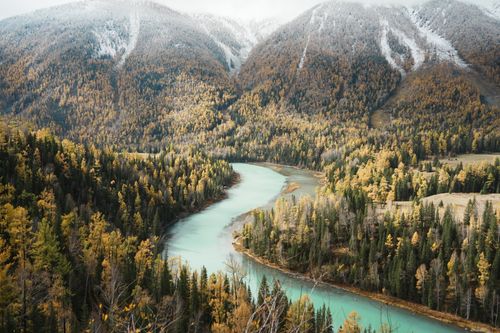 Free Majestic aerial view of a turquoise river meandering through a colorful autumn forest surrounded by snow-capped mountains. Stock Photo