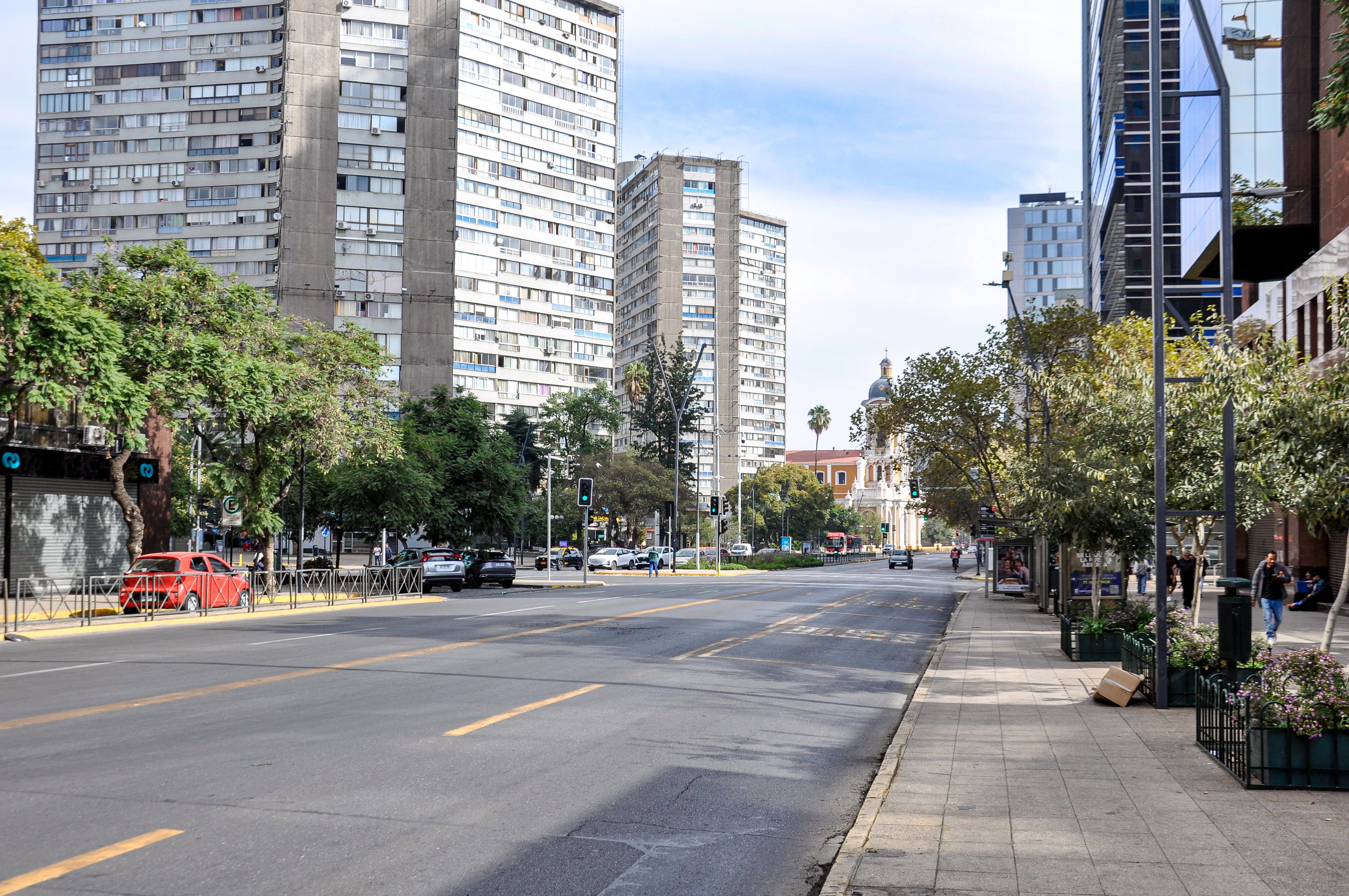 Urban street scene in Santiago, showcasing city life and architecture.