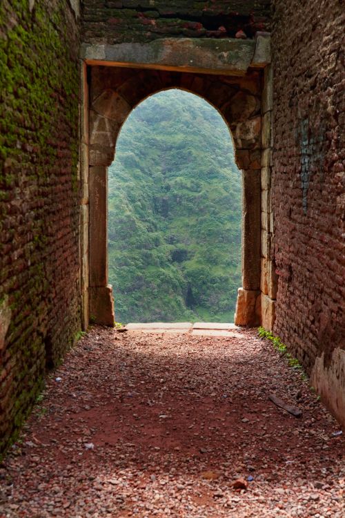 Free Explore the ancient arched gate leading to the lush greenery of an Indian fort. Stock Photo
