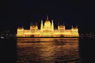在夜间照明的匈牙利议会大厦俯瞰着布达佩斯的多瑙河