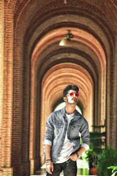 Young man posing stylishly with sunglasses in a vibrant urban archway setting.