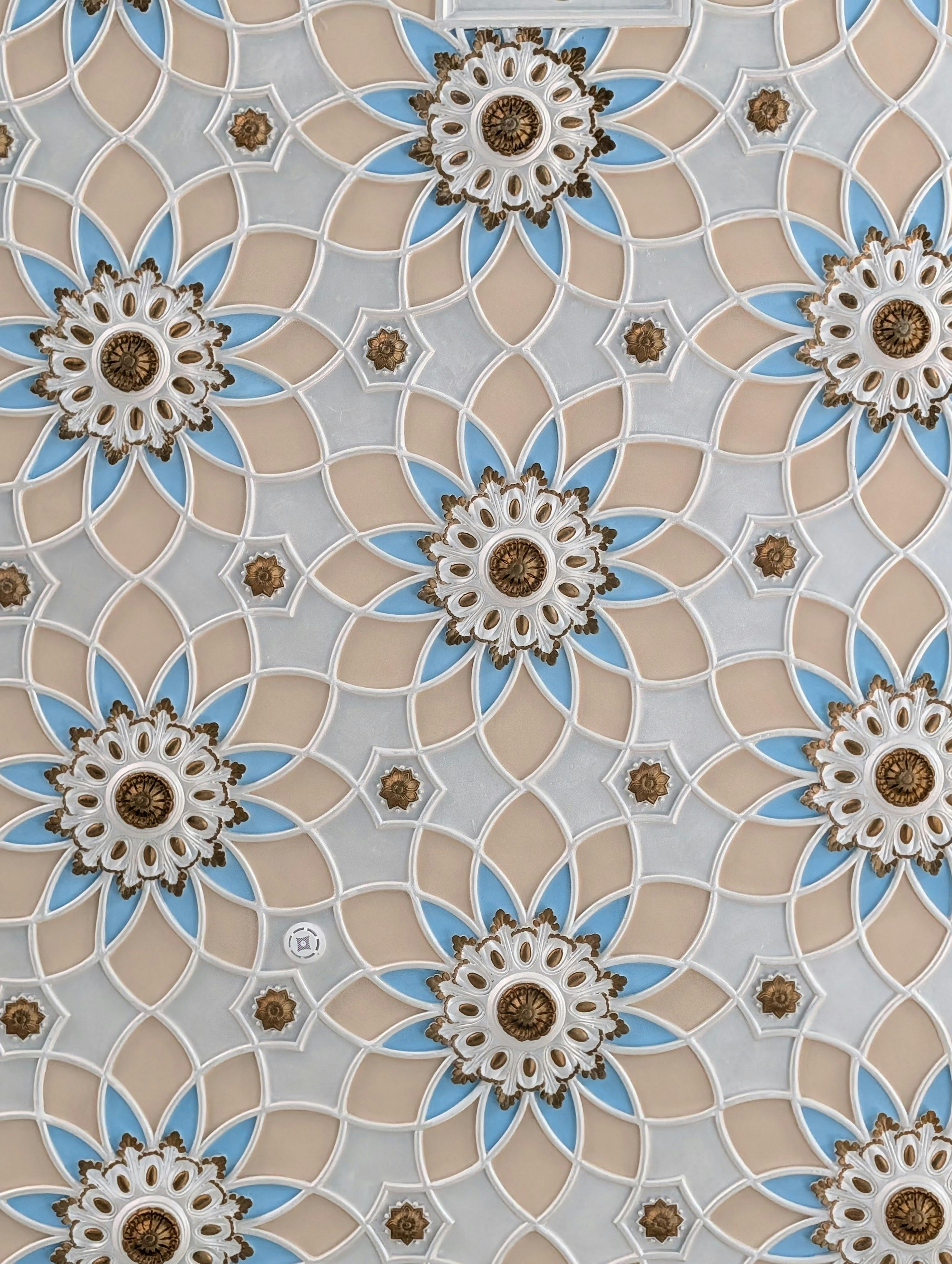 Detailed floral and geometric design featuring blue, beige, and white patterns.