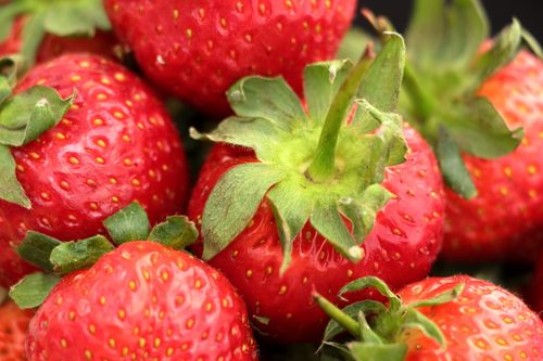 Free Vibrant close-up of fresh red strawberries with green leaves, highlighting natural texture and color. Stock Photo