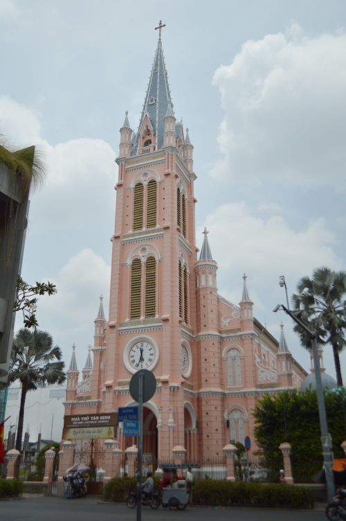 Free Stunning view of the pink Gothic-style Tan Dinh Church in Ho Chi Minh City, Vietnam. Stock Photo