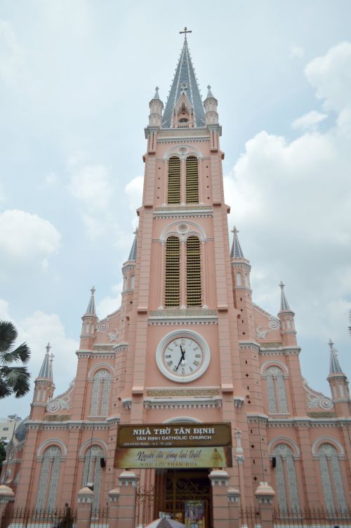 Free The iconic pink Tan Dinh Catholic Church in Ho Chi Minh City, Vietnam with its Gothic architecture. Stock Photo