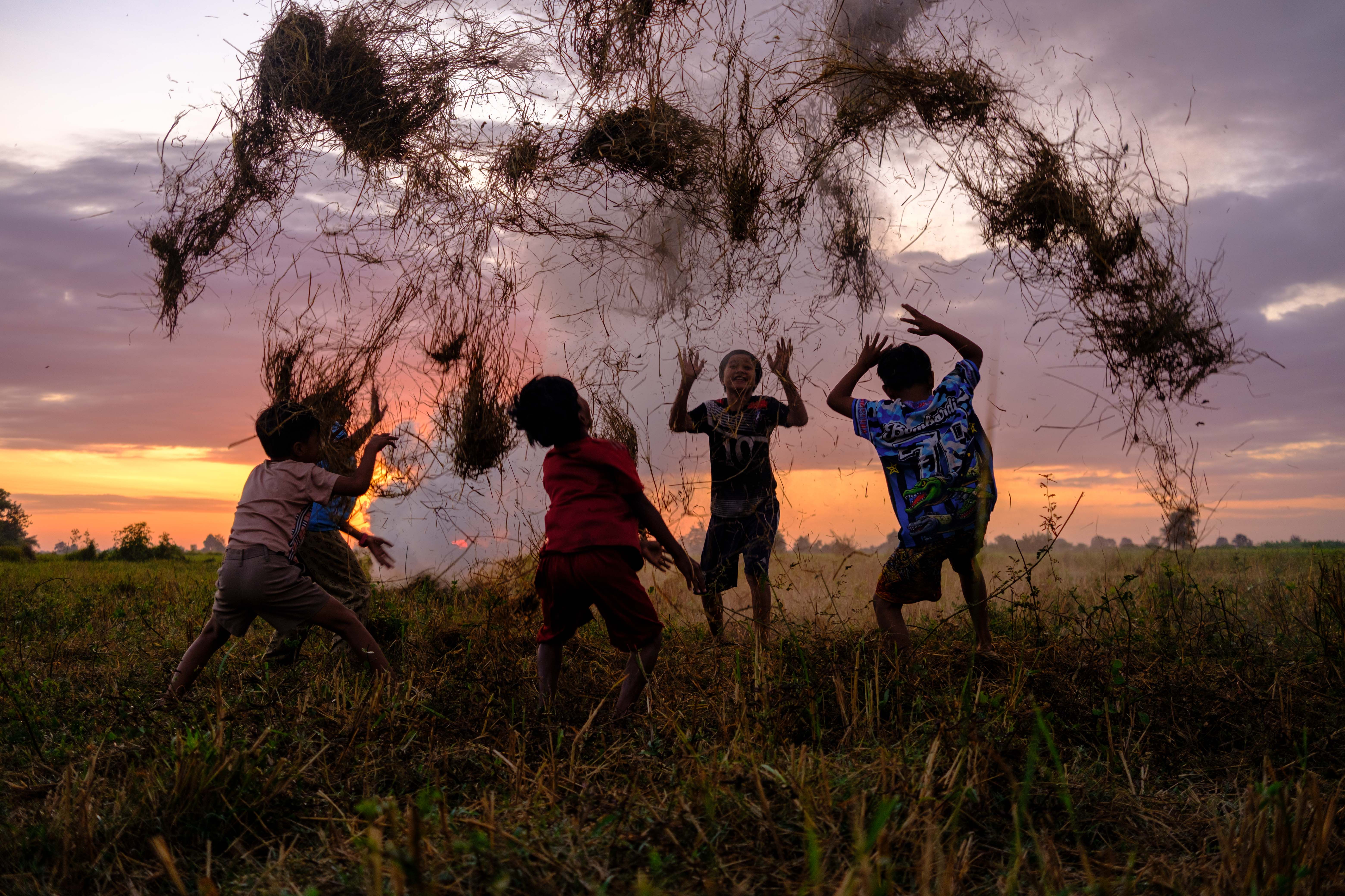 Children Playing in Fields at Sunset in Cambodia · Free Stock Photo