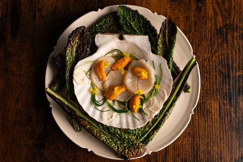 Free Gourmet scallop and sea urchin dish beautifully presented in a Tokyo restaurant. Stock Photo