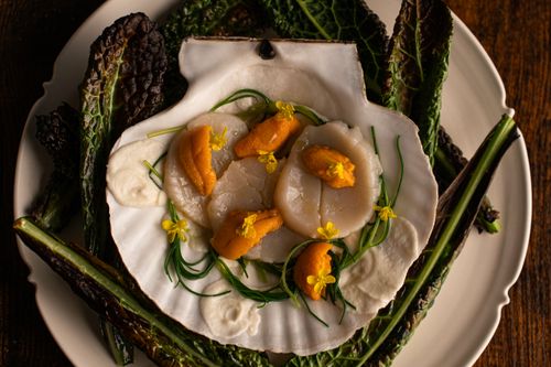 Free A gourmet scallop and sea urchin dish artfully presented at a high-end restaurant in Tokyo, Japan. Stock Photo