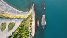 Aerial shot of coastal cliffs and clear waters in Abana, Kastamonu, Türkiye. Perfect for travel and nature themes.