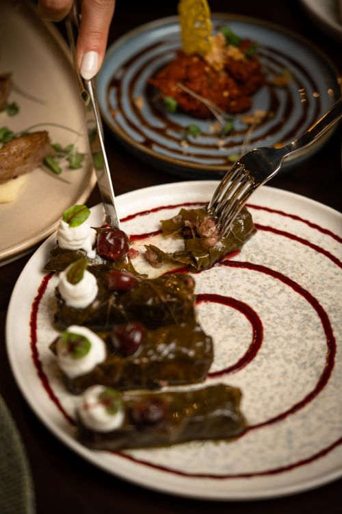 Free Gourmet grape leaf dolma served artistically with garnish on an elegant spiral design plate. Stock Photo