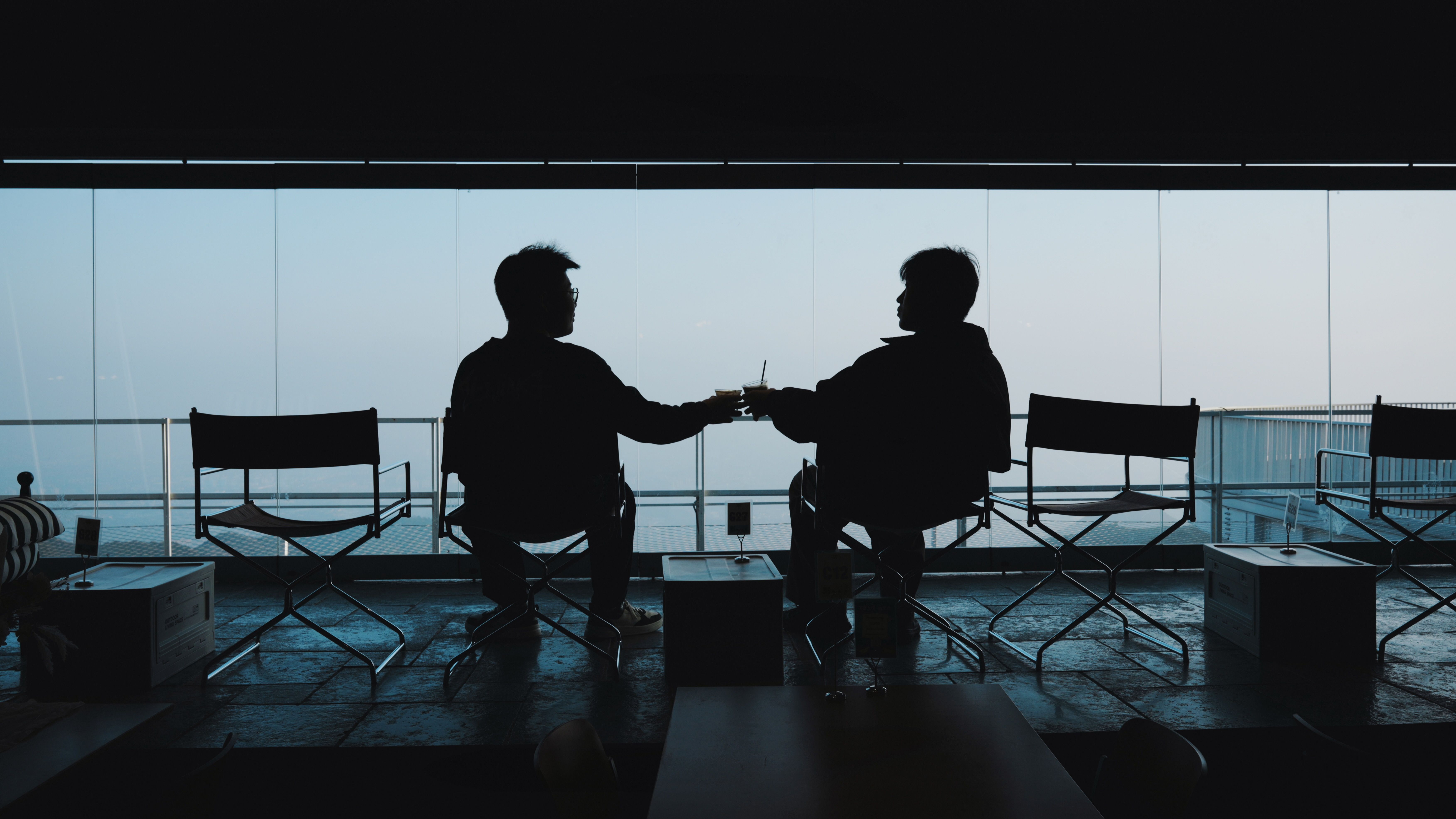 Silhouetted view of two people sitting and clinking glasses, with a scenic outdoor backdrop.
