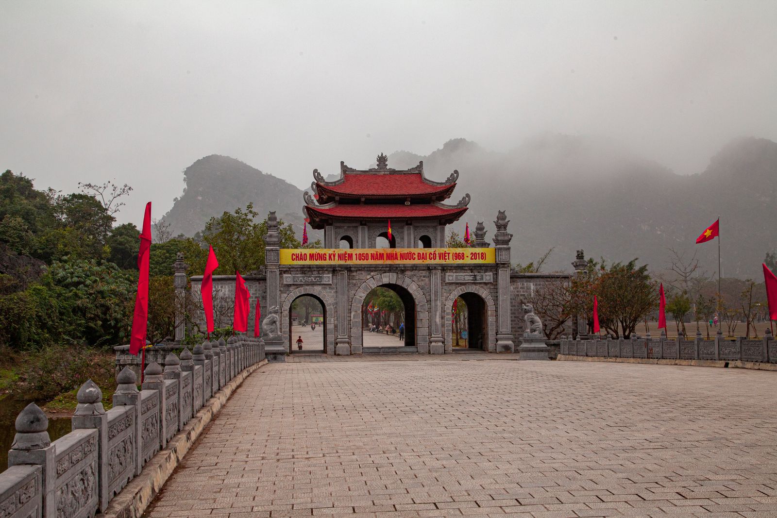 The ancient gate of Hoa Lu, Vietnam's first capital, in morning mist