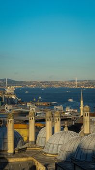 Scenic view of Istanbul domed rooftops with the Bosphorus in the background under a clear sky.