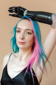 一位拥有假肢和五颜六色头发的女性肖像，展现着多样性与赋权