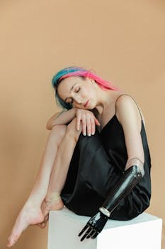 一位头发充满活力、装有假肢的年轻女子在米色背景下平静地休息