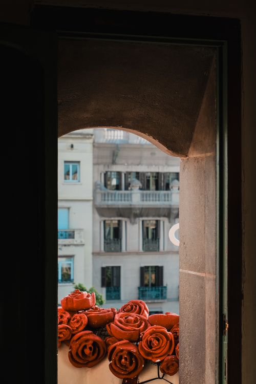 Free View of Barcelona through a window with vibrant red roses, capturing the city's classic architecture. Stock Photo
