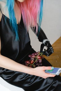 在室内环境中，一位现代女性用假肢手臂拿着葡萄和智能手机