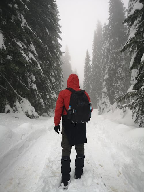 穿紅色夾克和黑色褲子的人站在積雪的地面攜帶背包