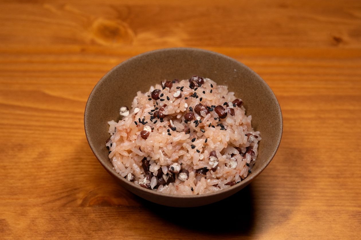Bowl of Jamaican rice and peas cooked with coconut milk and red kidney beans