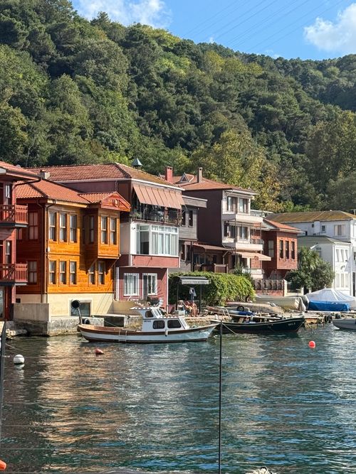 Free Scenic view of colorful houses along the Bosporus Strait, featuring boats and lush greenery. Stock Photo
