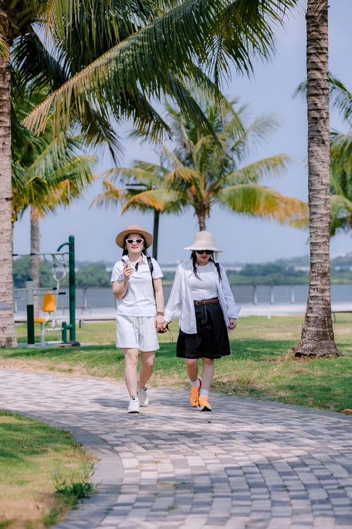 Free A couple enjoys a leisurely walk along a lakeside path under palm trees on a sunny day. Stock Photo