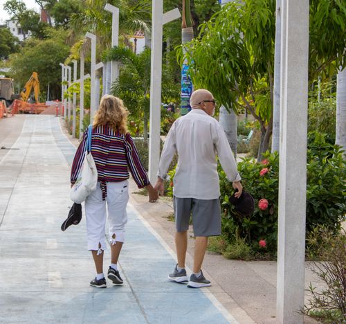 Free A senior couple walks hand in hand along a garden pathway in Acapulco, Mexico, enjoying a sunny day. Stock Photo
