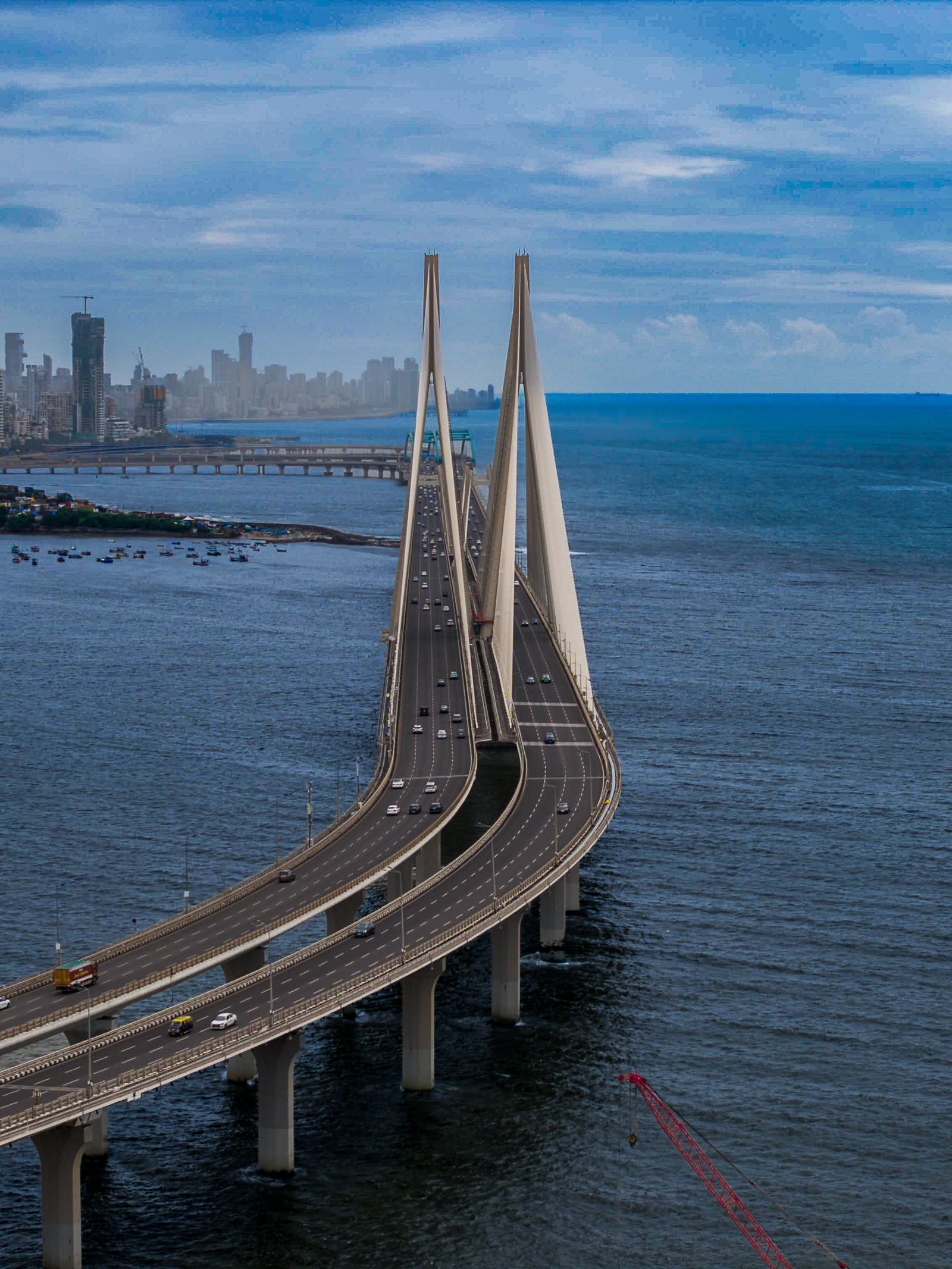 Aerial photograph of the Bandra-Worli Sea Link cable-stayed bridge in Mumbai, India