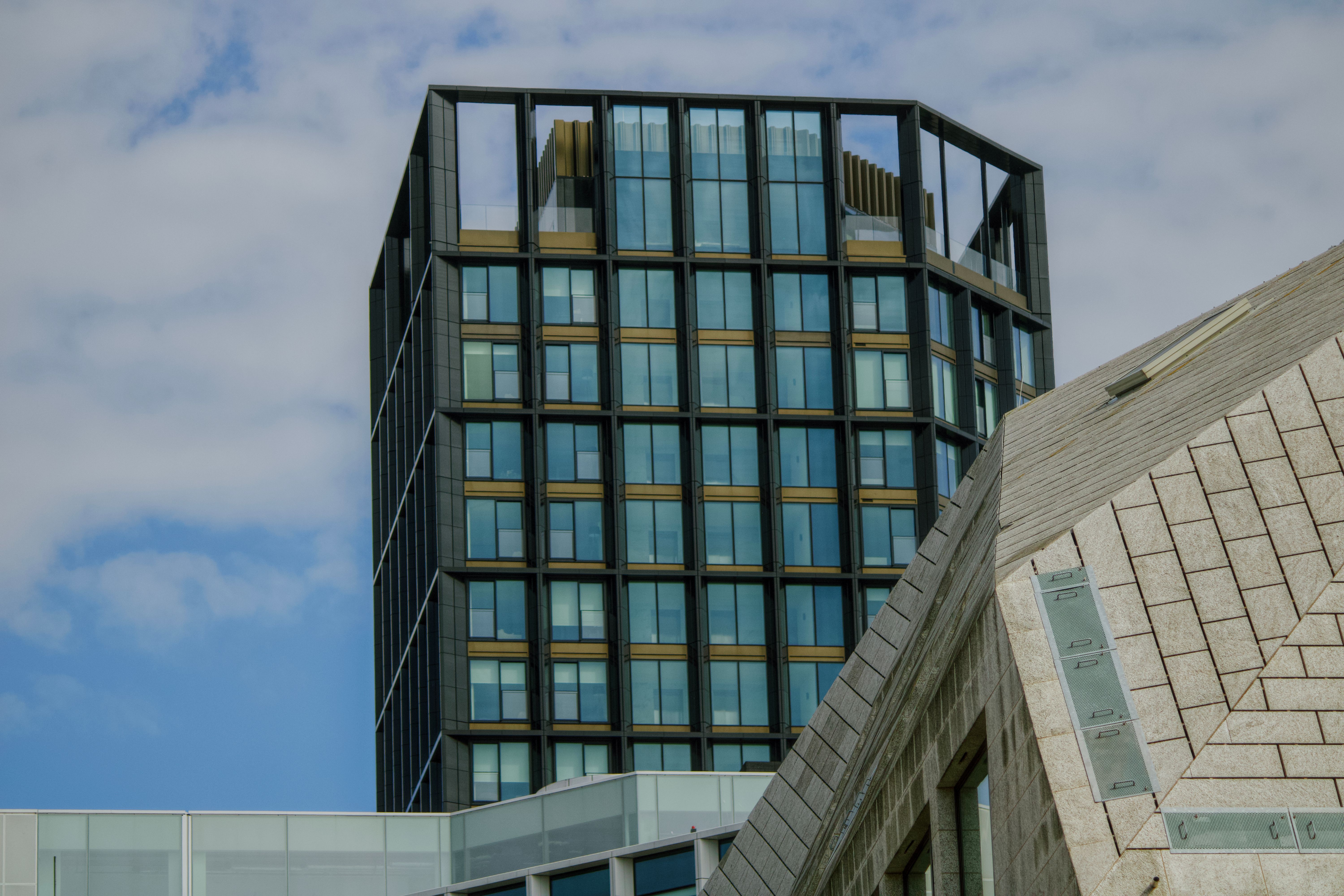 High-rise modern building facade contrasting with unique rooftop design in Dublin.
