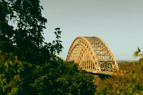 Free Scenic view of a steel arch bridge surrounded by lush green trees under a clear sky. Stock Photo