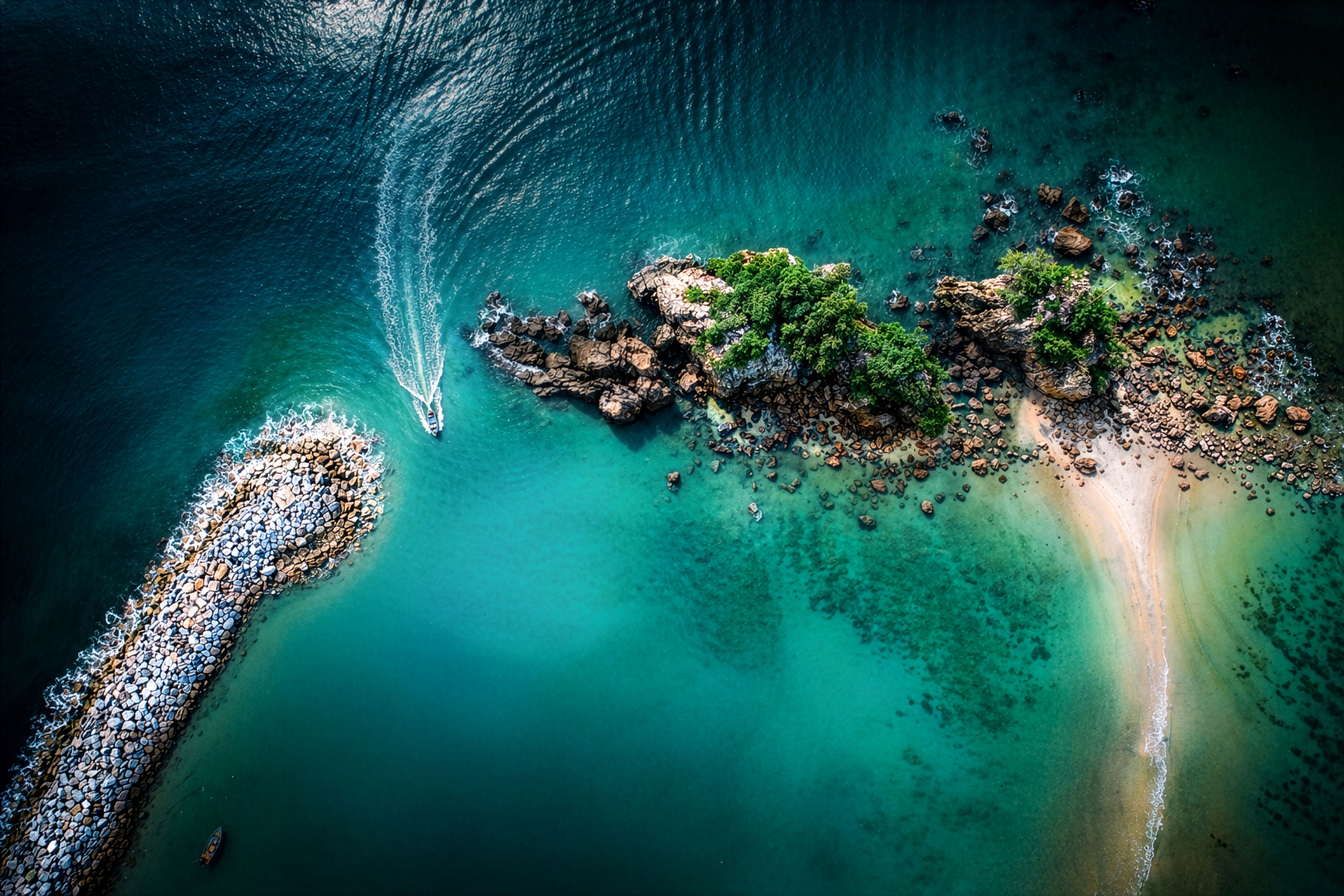 Superbe vue aérienne d'une île tropicale isolée avec un hors-bord naviguant à proximité dans des eaux turquoise cristallines.