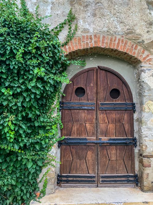 Free Charming rustic wooden door surrounded by lush ivy on an old stone wall, exuding a vintage medieval vibe. Stock Photo