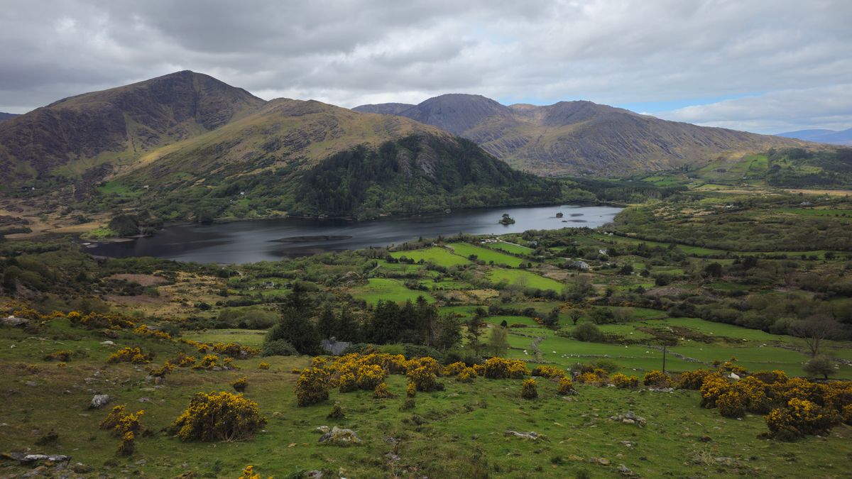 A panorama of green landscape, lake and mountains in County Kerry, Ireland
