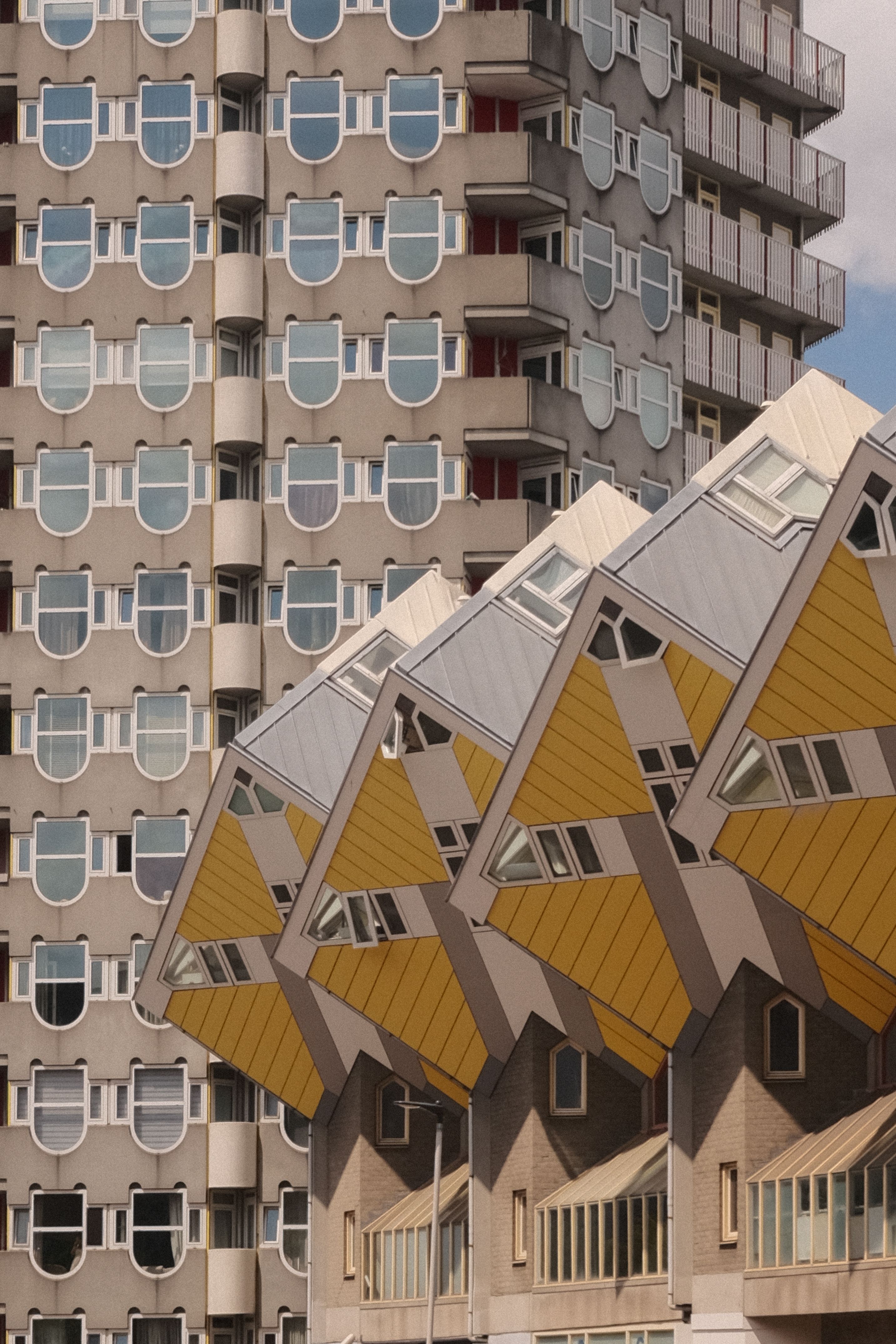 Close-up of the iconic Cube Houses architecture in Rotterdam, showcasing modern geometric design.