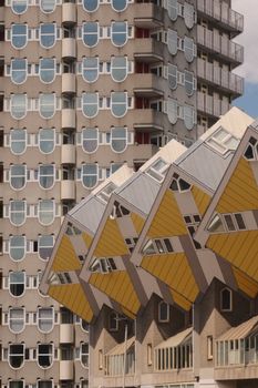 Close-up of the iconic Cube Houses architecture in Rotterdam, showcasing modern geometric design.