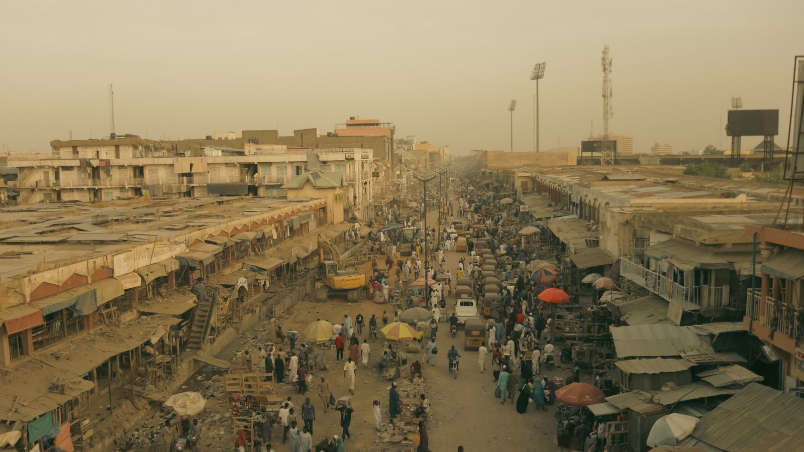 Bustling street market scene in urban africa, Mali