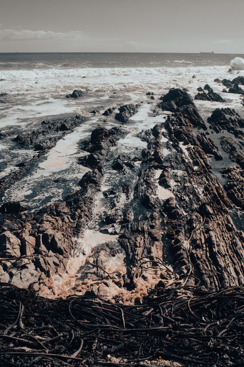 Free Explore the rugged beauty of a rocky coastline with waves crashing and seaweed scattered. Stock Photo
