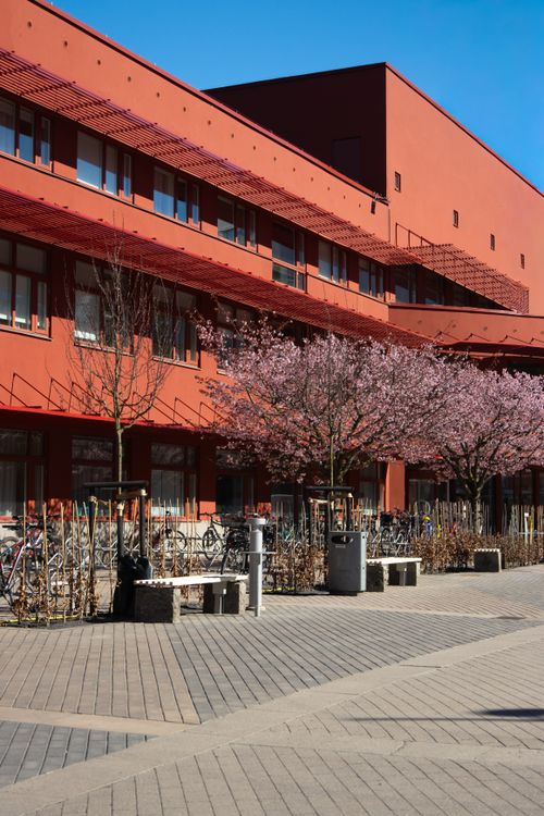 Free Modern red building in Jönköping with cherry blossoms and parked bicycles on a sunny day. Stock Photo
