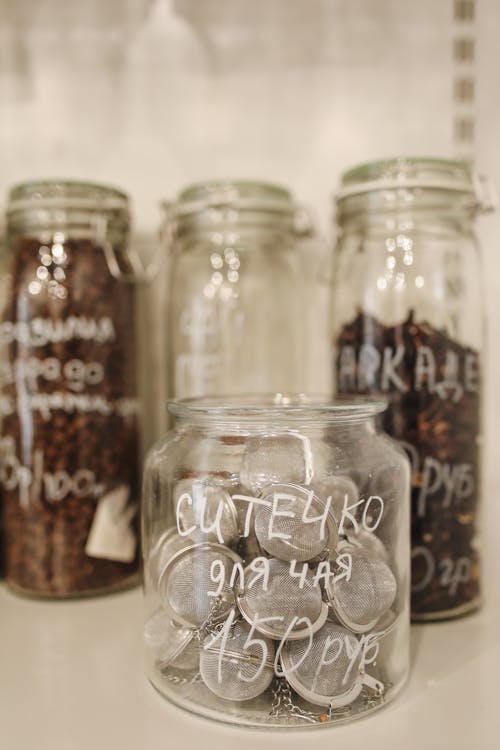 Free Tea Filters in Glass Jar Stock Photo