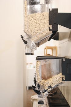 Transparent dispensers with cereals and nuts in an eco-friendly store setting, promoting zero waste.