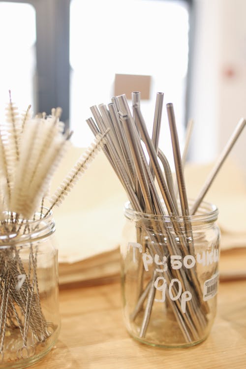 Free Metal Straws in Glass Jar Stock Photo