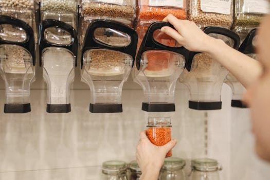 Person collecting lentils with jar from dispensers in a zero waste shop, promoting sustainable shopping.