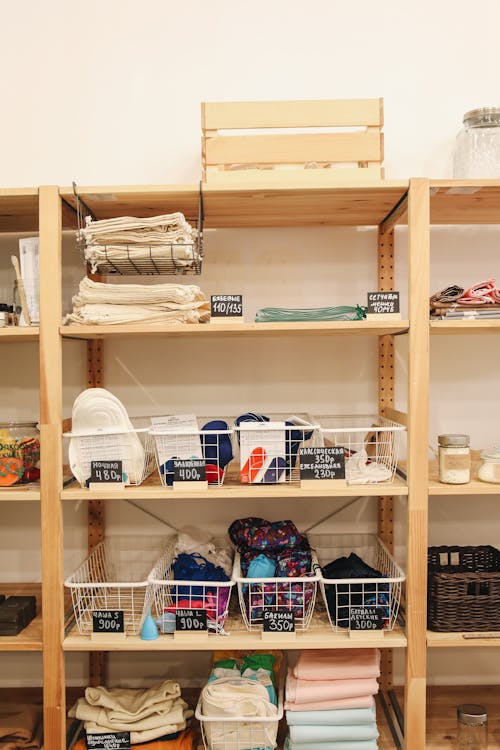 Textiles on Wooden Shelf