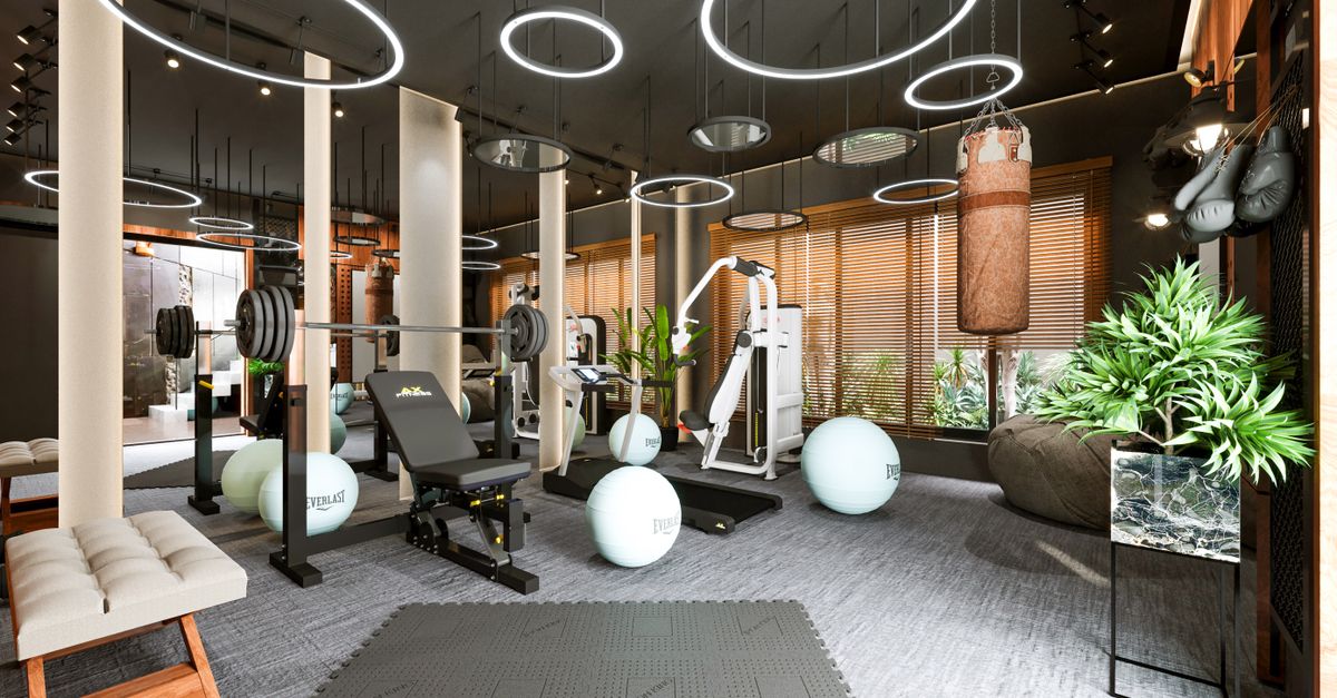Stylish gym interior showcasing fitness equipment and contemporary lighting design.
