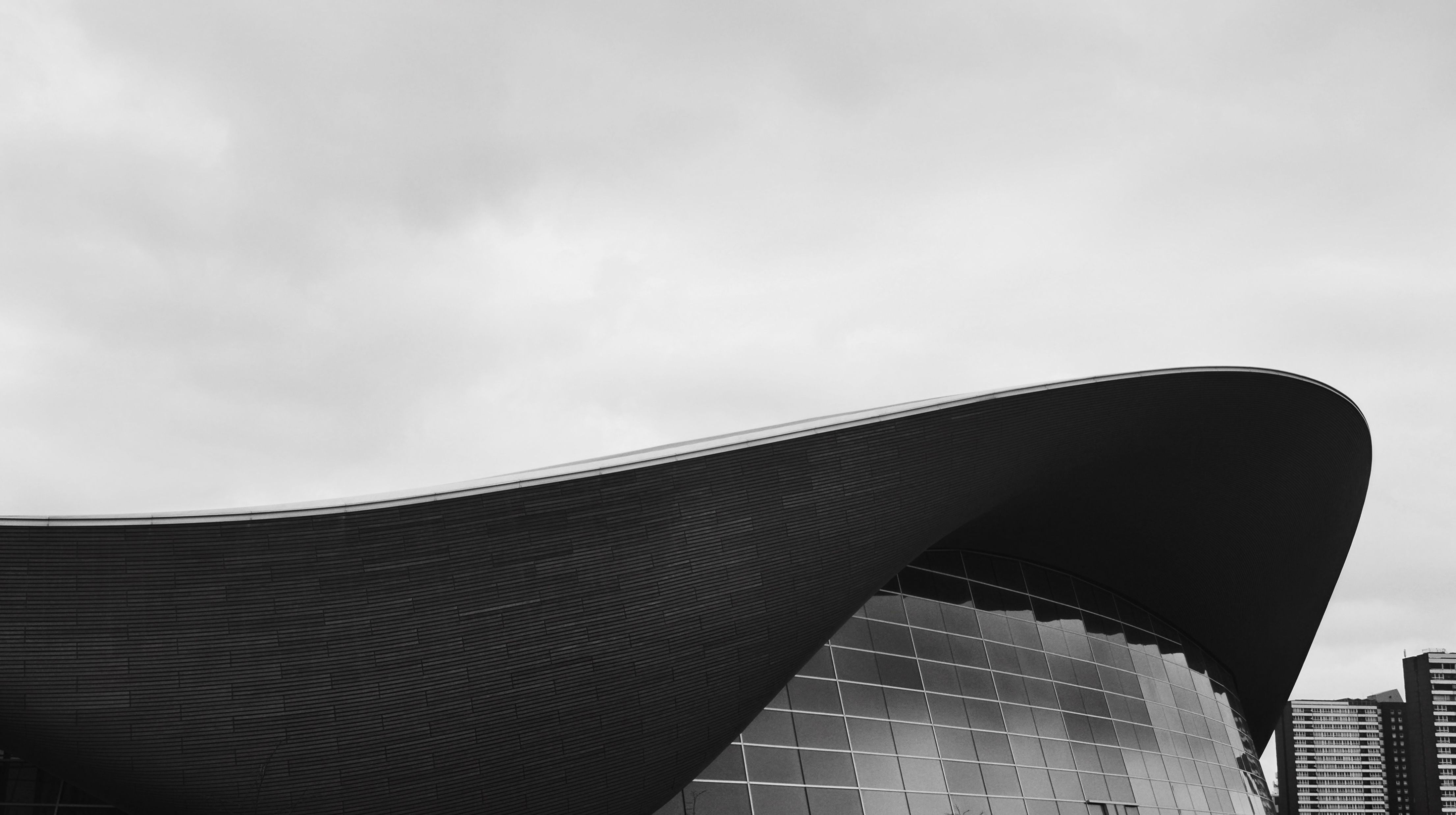 Black and white photo emphasizing the elegant curve of London's Aquatics Centre roof.