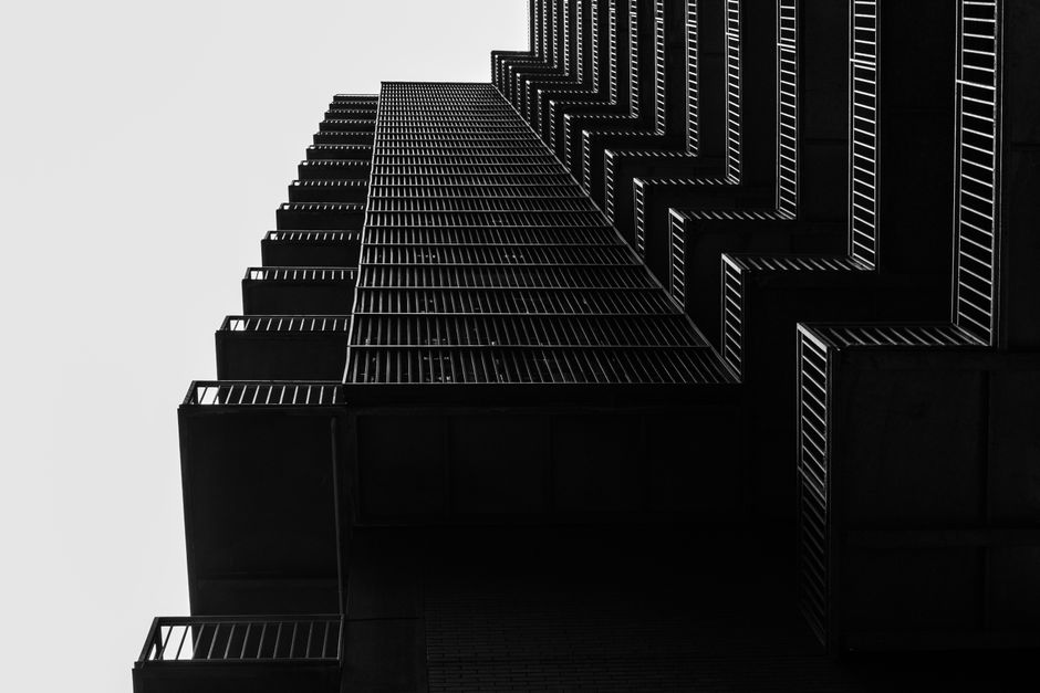 Striking black and white low angle shot showcasing modern architectural design in Melbourne.